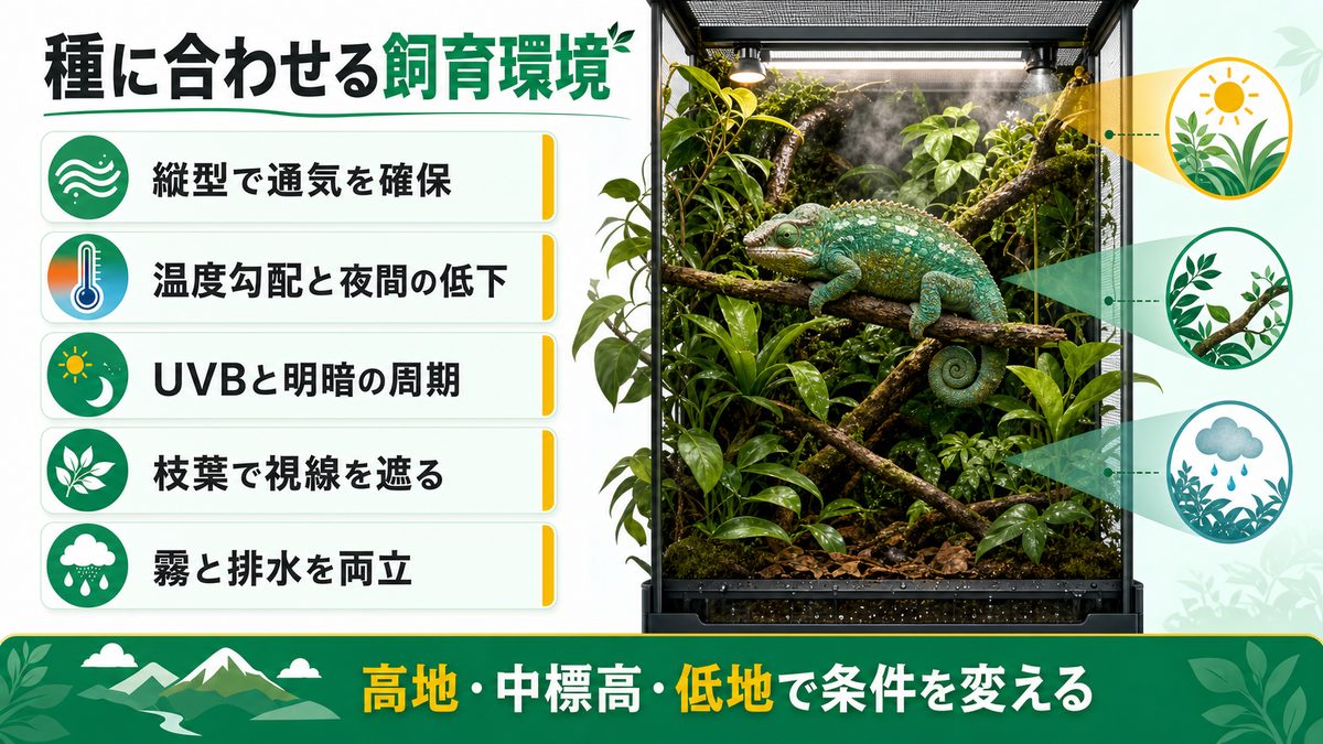 飼育環境設定｜マダガスカル高地の気候を再現するの要点をまとめたカメレオン・爬虫類飼育インフォグラフィック