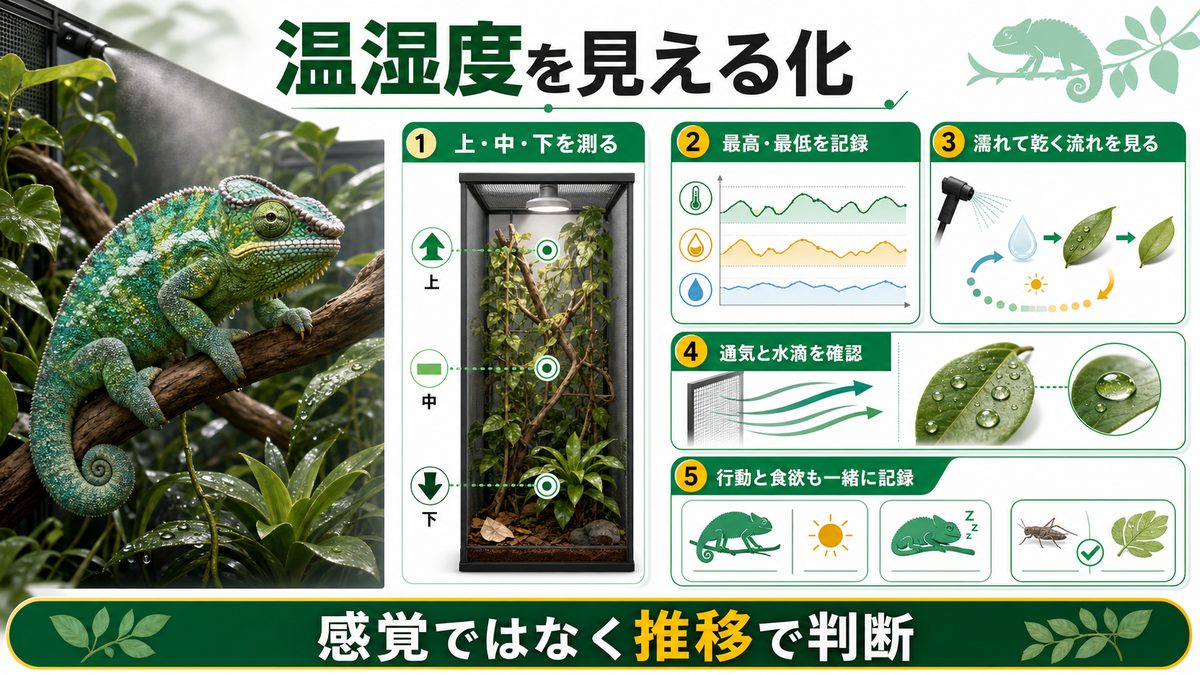 温湿度の精密管理と環境モニタリングの要点をまとめたカメレオン・爬虫類飼育インフォグラフィック