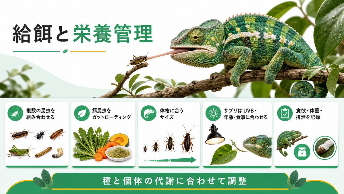 給餌と栄養管理｜カルンマ属の食性と必須サプリの要点をまとめたカメレオン・爬虫類飼育インフォグラフィック