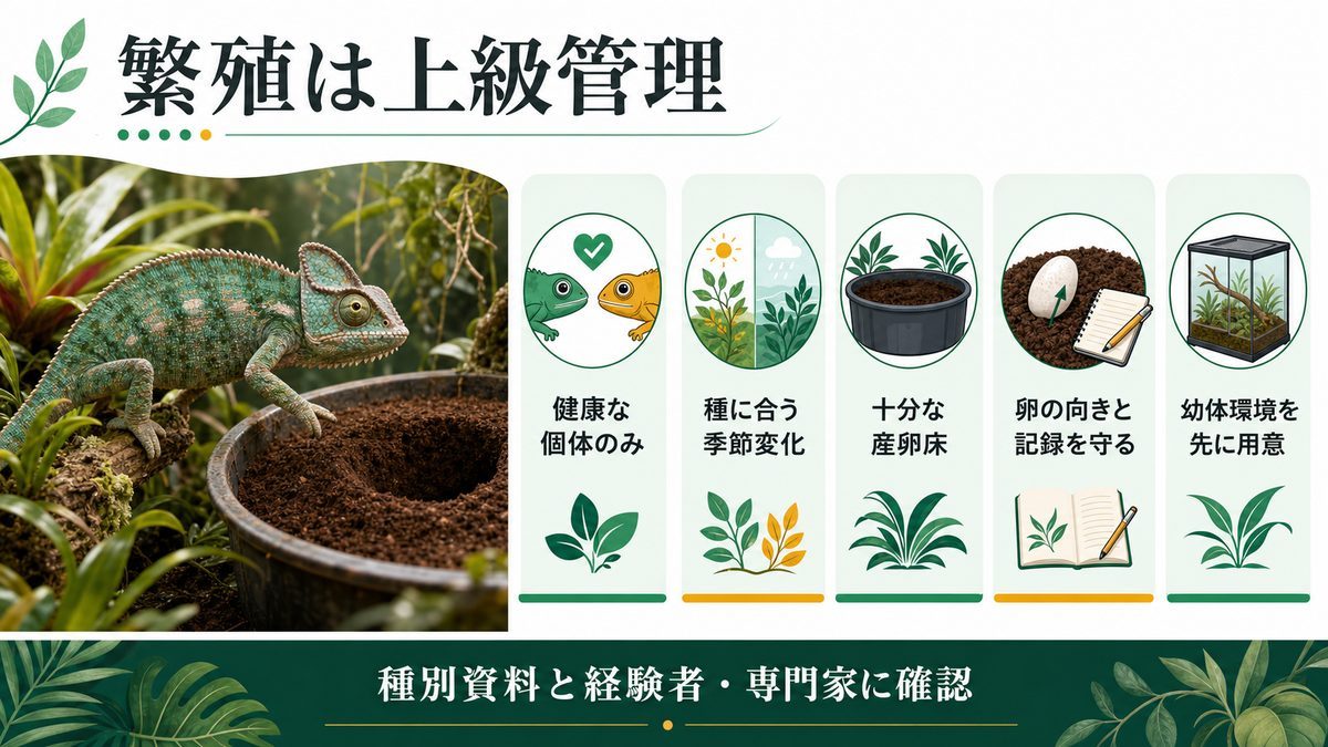 繁殖・孵化管理｜カルンマ属の産卵と幼体管理の要点をまとめたカメレオン・爬虫類飼育インフォグラフィック