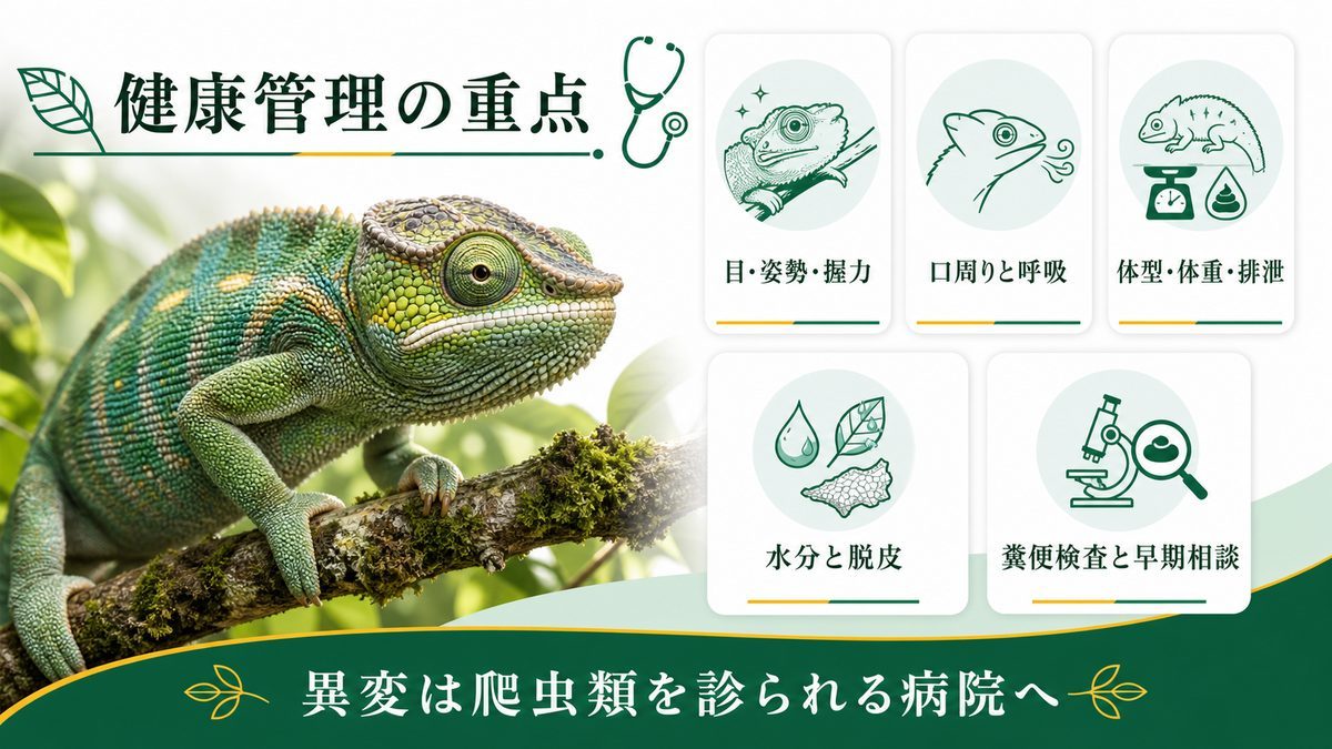 健康管理とよくある疾患｜カルンマ属特有のトラブルと対策の要点をまとめたカメレオン・爬虫類飼育インフォグラフィック