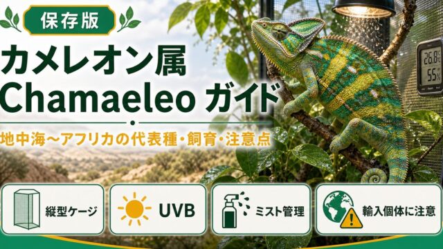カメレオン属（Chamaeleo）完全ガイド｜地中海〜アフリカ産カメレオンの種類・特徴・飼育法を属レベルで解説の要点を伝えるカメレオン・爬虫類記事アイキャッチ画像
