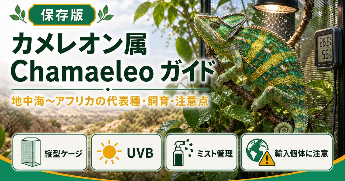 カメレオン属（Chamaeleo）完全ガイド｜地中海〜アフリカ産カメレオンの種類・特徴・飼育法を属レベルで解説の要点を伝えるカメレオン・爬虫類記事アイキャッチ画像