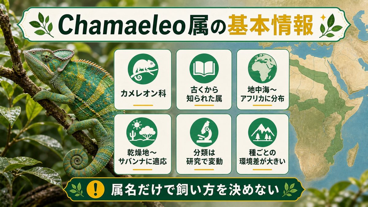 カメレオン属（ Chamaeleo ）とは？ 分類・分布・進化史の要点をまとめたカメレオン・爬虫類飼育インフォグラフィック