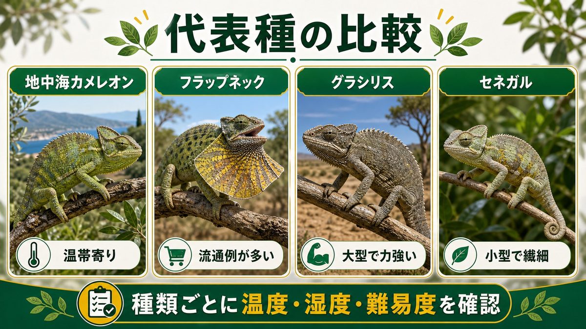 代表種の紹介と比較｜ Chamaeleo 属はこんなに多彩の要点をまとめたカメレオン・爬虫類飼育インフォグラフィック