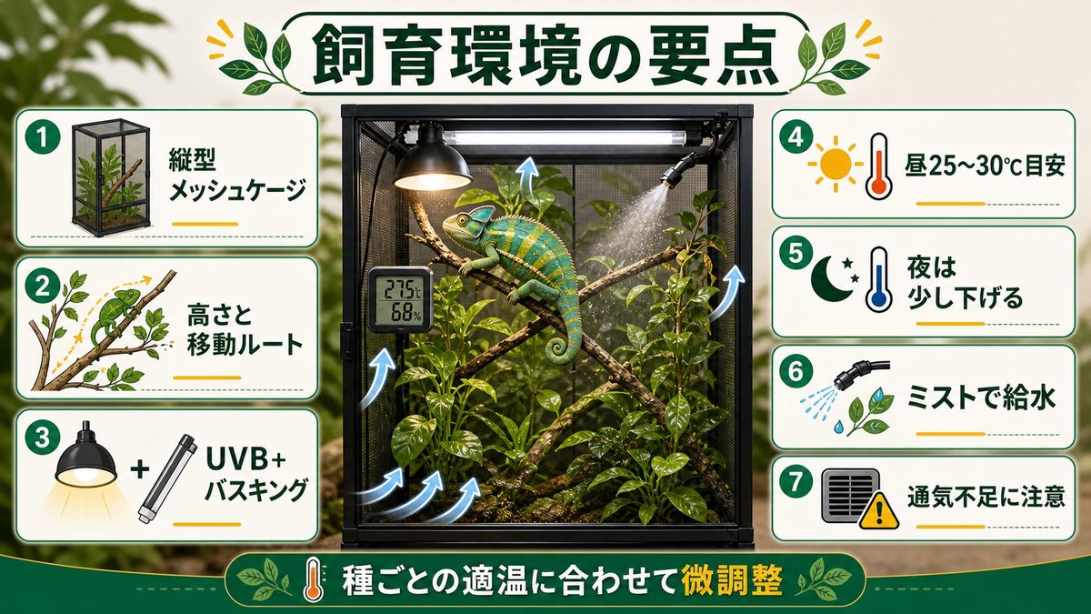 飼育環境の整え方｜ケージ・温度・湿度・UVB のポイントの要点をまとめたカメレオン・爬虫類飼育インフォグラフィック