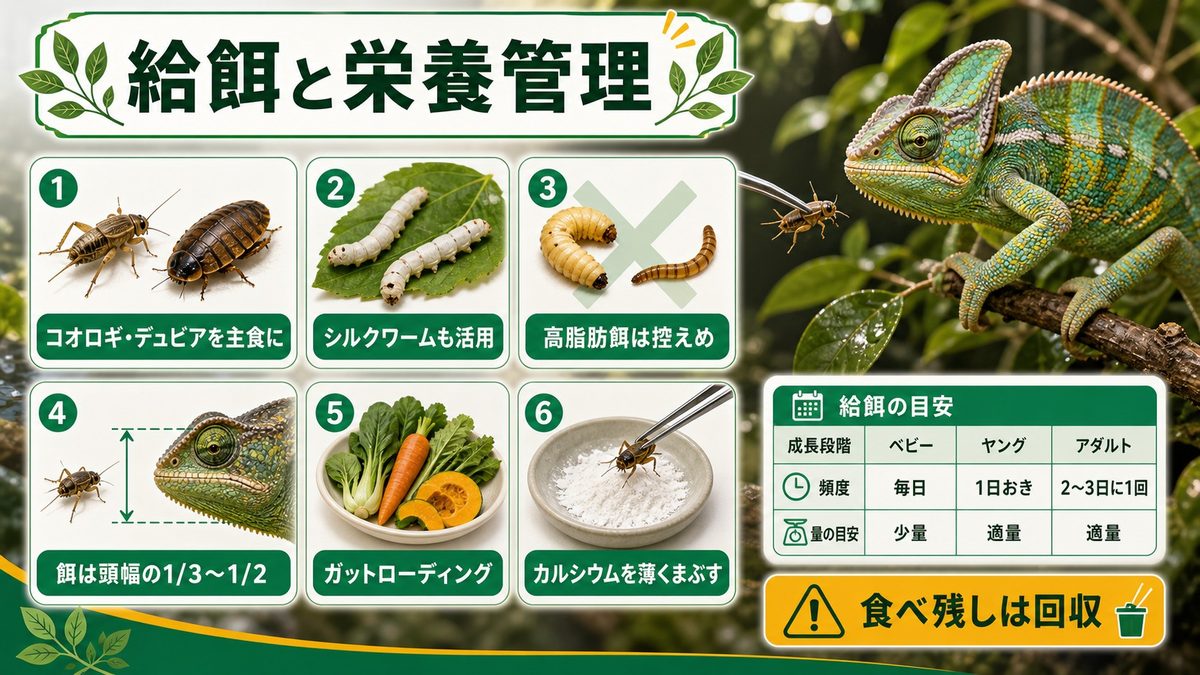 給餌と栄養管理｜コオロギ・多様な昆虫・サプリメントの要点をまとめたカメレオン・爬虫類飼育インフォグラフィック