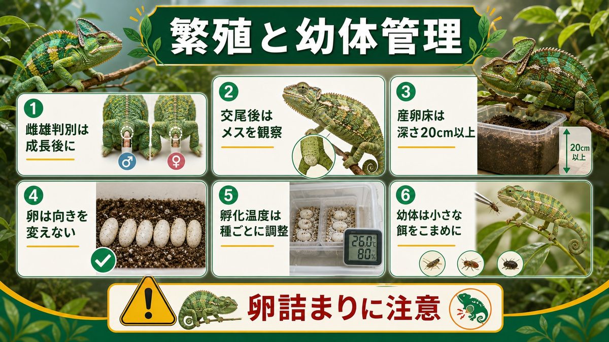 繁殖｜産卵・孵化・幼体管理の流れの要点をまとめたカメレオン・爬虫類飼育インフォグラフィック