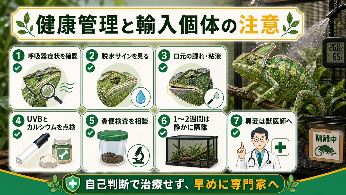 健康管理と輸入個体の注意点｜病気・トラブルの早期発見の要点をまとめたカメレオン・爬虫類飼育インフォグラフィック