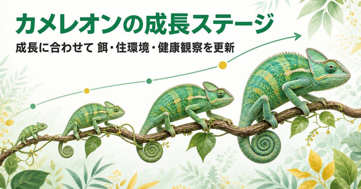 カメレオンの成長ステージを孵化直後から成体まで描いた記事アイキャッチ
