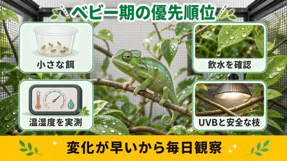 ベビーカメレオンで優先する小さな餌・飲水・温湿度・UVBと安全な枝の確認図