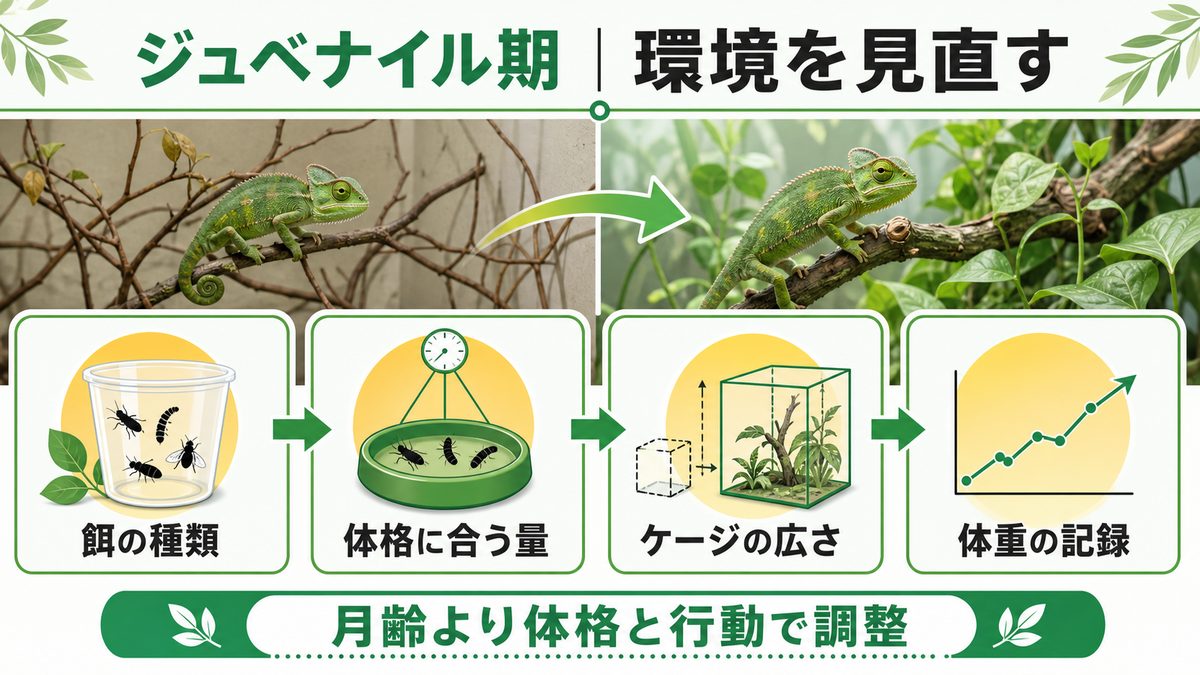 ジュベナイル期に餌の種類・給餌量・ケージ・体重記録を見直す流れ