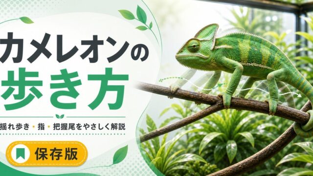 カメレオンの歩き方が面白い！ゆらゆら歩く理由・対向する指・把握尾のしくみを徹底解説の要点を伝えるカメレオン・爬虫類記事アイキャッチ画像