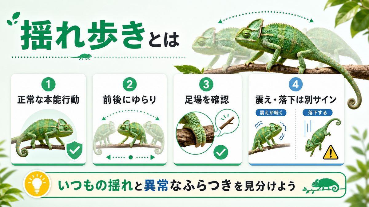カメレオンの独特な歩き方「揺れ歩き」とはの要点をまとめたカメレオン・爬虫類飼育インフォグラフィック