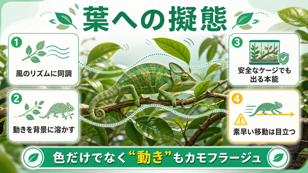 揺れ歩きの理由=風に揺れる葉への擬態の要点をまとめたカメレオン・爬虫類飼育インフォグラフィック