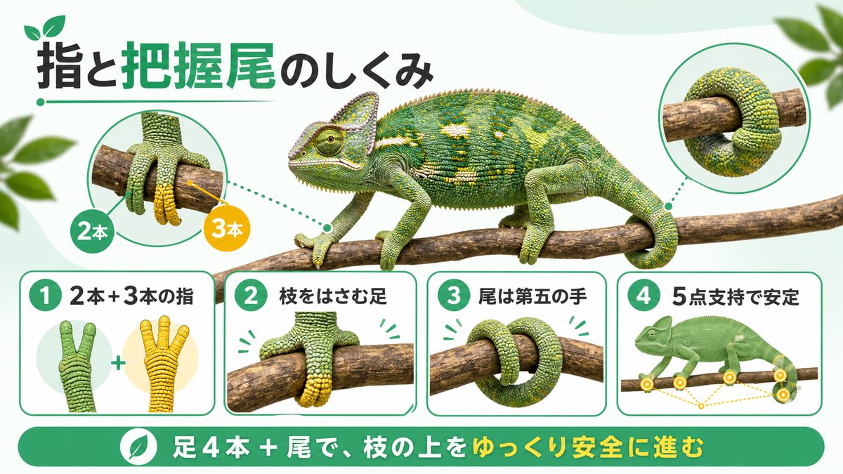 対向する指と把握尾の精密なしくみの要点をまとめたカメレオン・爬虫類飼育インフォグラフィック