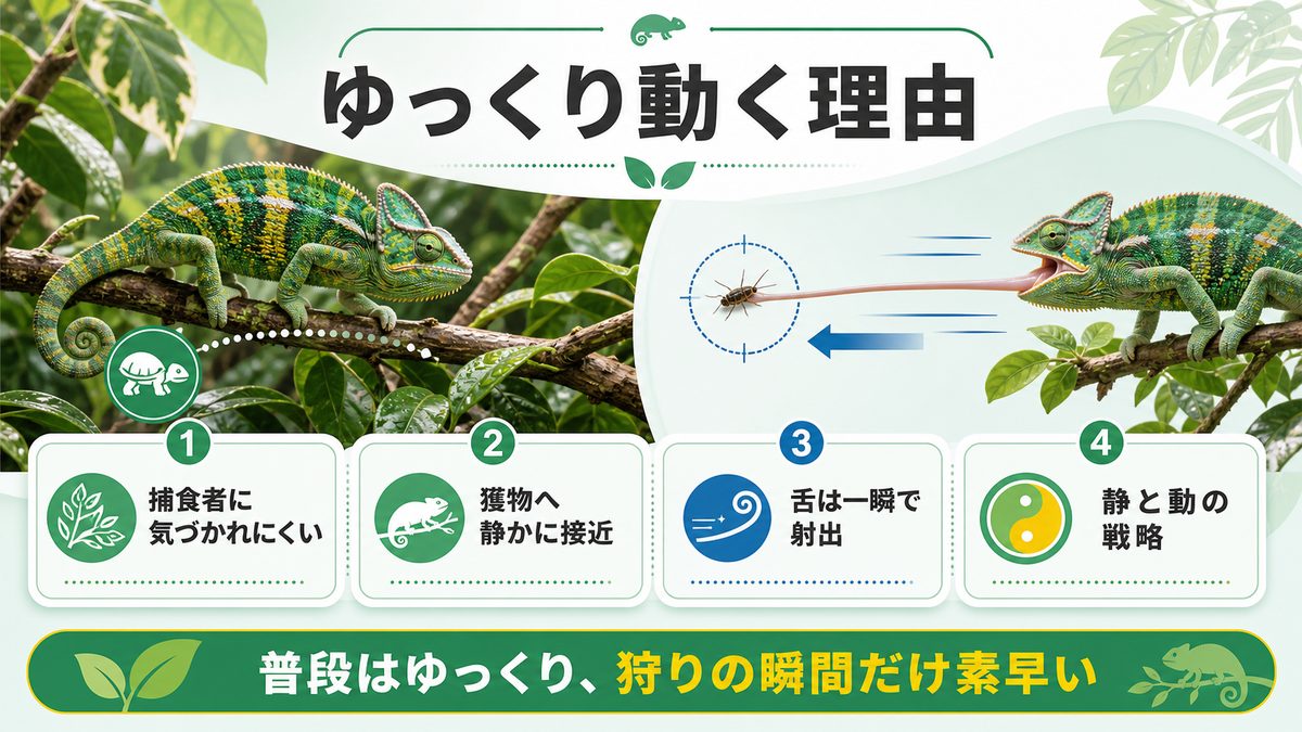 なぜこんなにゆっくり動くのか(捕食回避と狩り)の要点をまとめたカメレオン・爬虫類飼育インフォグラフィック