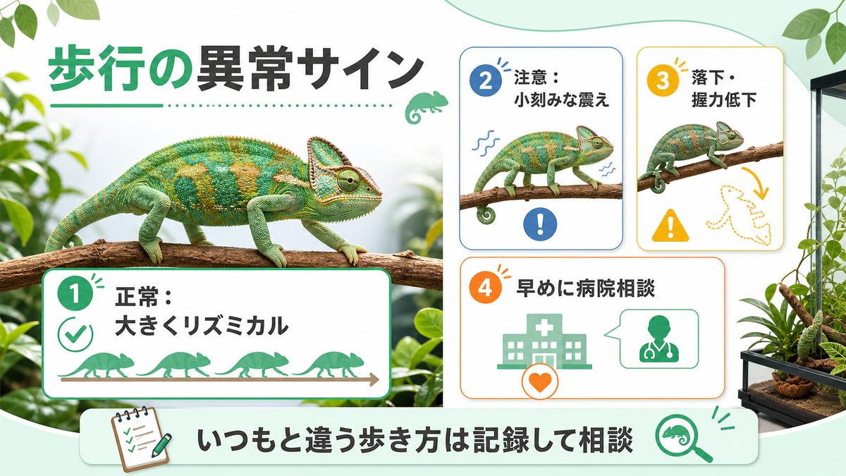 歩行の異常でわかる健康サインの要点をまとめたカメレオン・爬虫類飼育インフォグラフィック