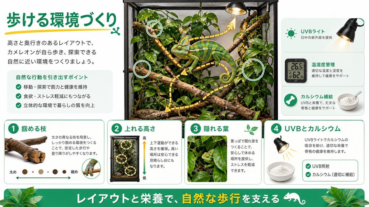 自然な歩行を促す止まり木・環境づくりの要点をまとめたカメレオン・爬虫類飼育インフォグラフィック