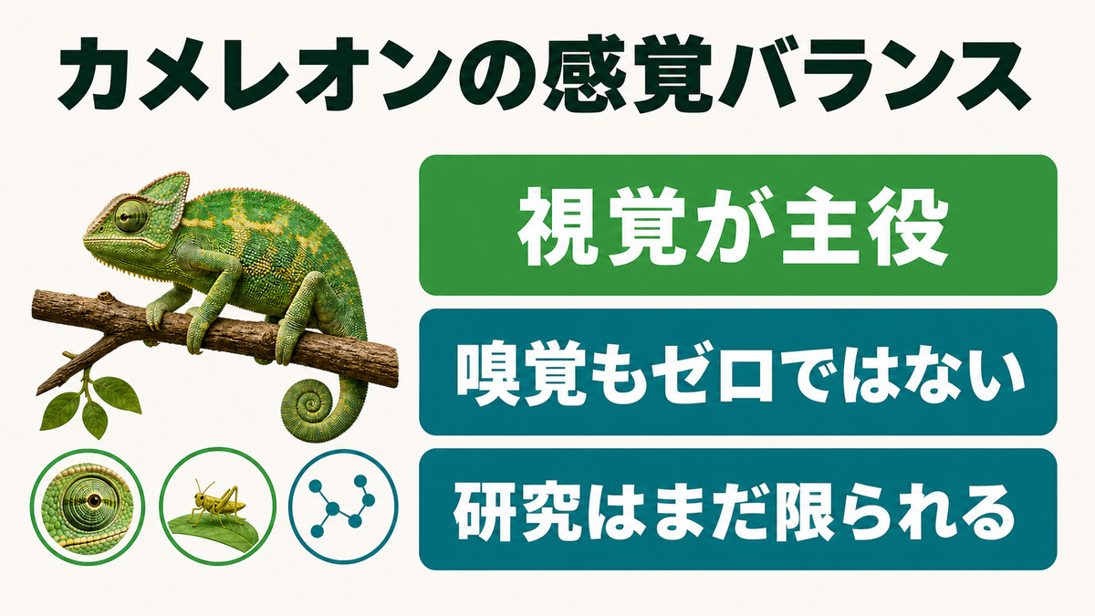 カメレオンの視覚優位と、嗅覚が残る一方で研究が限られることを比較した感覚バランス図解