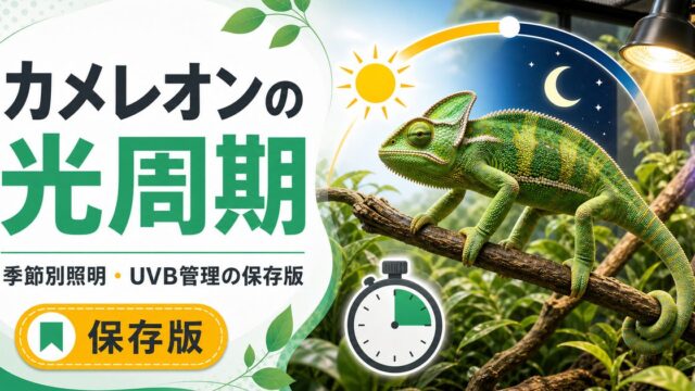 カメレオンの季節別照明・光周期完全ガイド！日照時間の調整・UVBライト設定・繁殖スイッチの入れ方を徹底解説の要点を伝えるカメレオン・爬虫類記事アイキャッチ画像