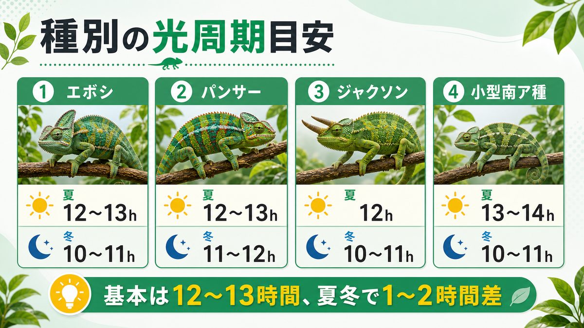 🦎 種別の推奨光周期まとめの要点をまとめたカメレオン・爬虫類飼育インフォグラフィック