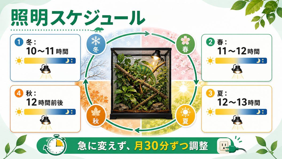 📅 正しい照明スケジュールの組み方の要点をまとめたカメレオン・爬虫類飼育インフォグラフィック