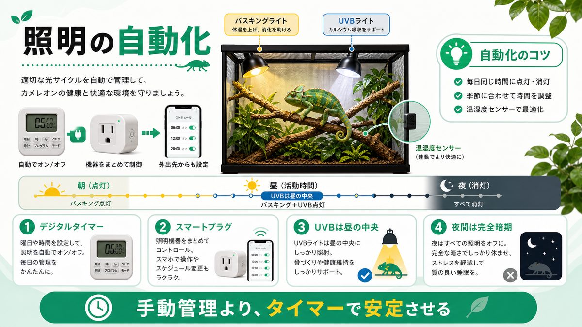 🔌 照明機器の選び方と自動化のコツの要点をまとめたカメレオン・爬虫類飼育インフォグラフィック