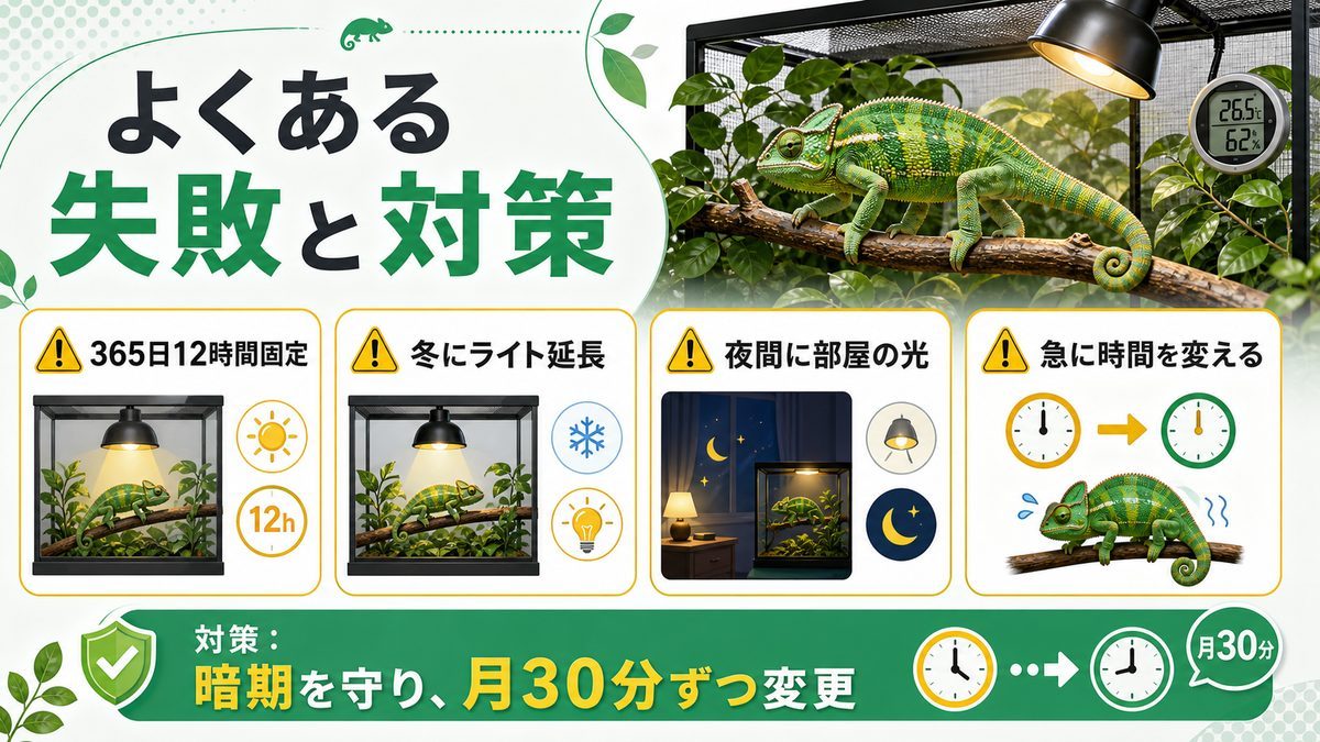 ⚠️ よくある失敗と対策の要点をまとめたカメレオン・爬虫類飼育インフォグラフィック