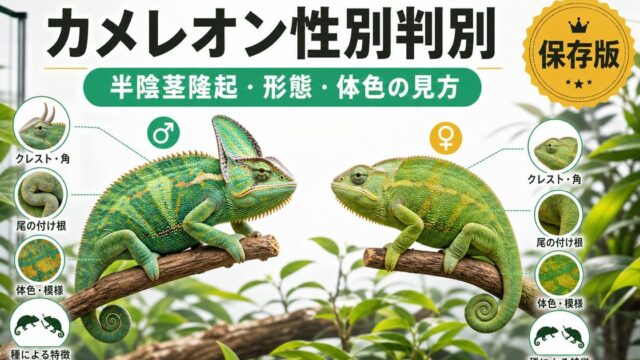 カメレオンの性別判別完全ガイド！雌雄の見分け方・半陰茎隆起・体色・形態的特徴を種別に徹底解説の要点を伝えるカメレオン・爬虫類記事アイキャッチ画像