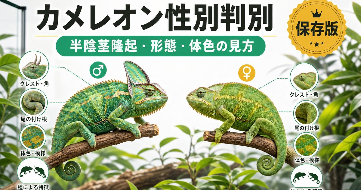 カメレオンの性別判別完全ガイド！雌雄の見分け方・半陰茎隆起・体色・形態的特徴を種別に徹底解説の要点を伝えるカメレオン・爬虫類記事アイキャッチ画像