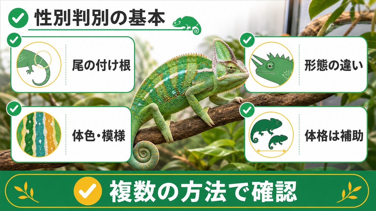 カメレオンの性別判別の基礎知識|4つの見分け方の要点をまとめたカメレオン・爬虫類飼育インフォグラフィック