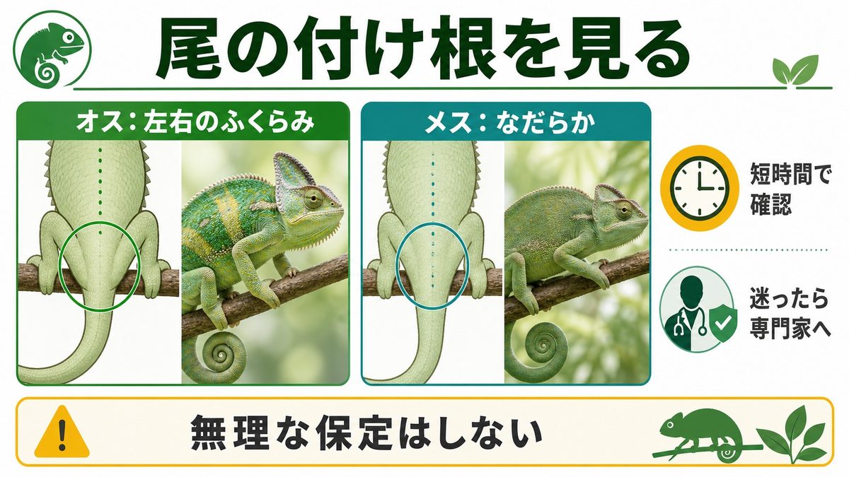 半陰茎隆起(ヘミペナル・バルジ)で性別を見極めるの要点をまとめたカメレオン・爬虫類飼育インフォグラフィック