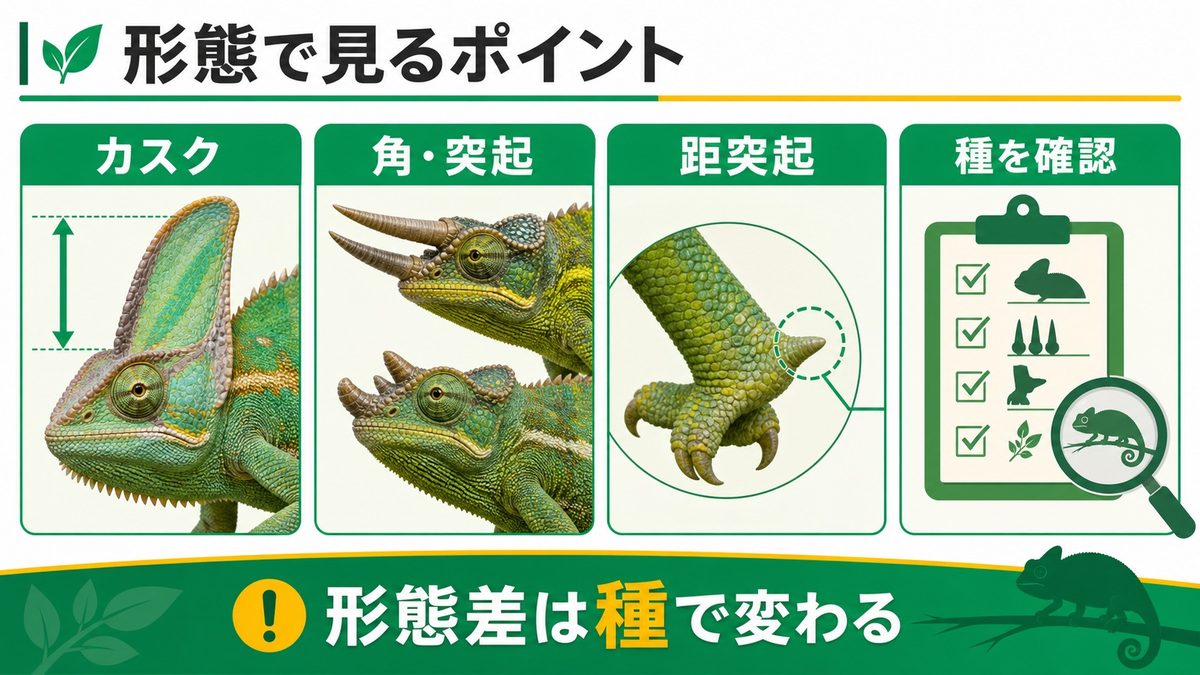 体型・装飾・形態的特徴での性別判断の要点をまとめたカメレオン・爬虫類飼育インフォグラフィック