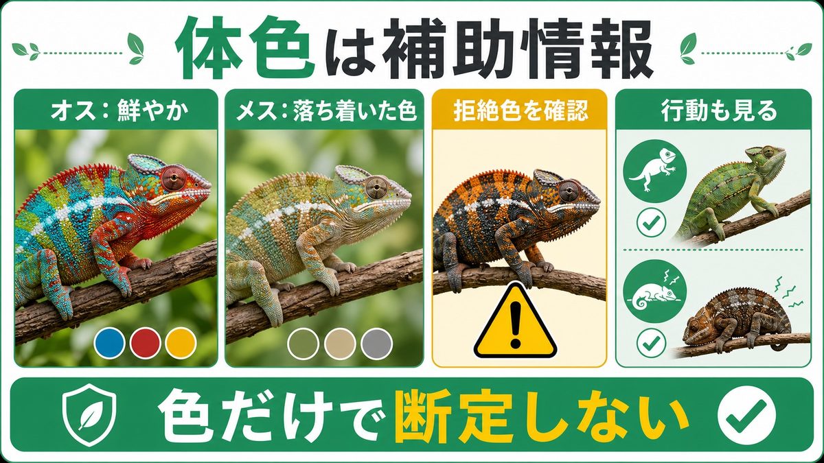 体色・模様での性別判断と「拒絶色(レジェクションカラー)」の要点をまとめたカメレオン・爬虫類飼育インフォグラフィック
