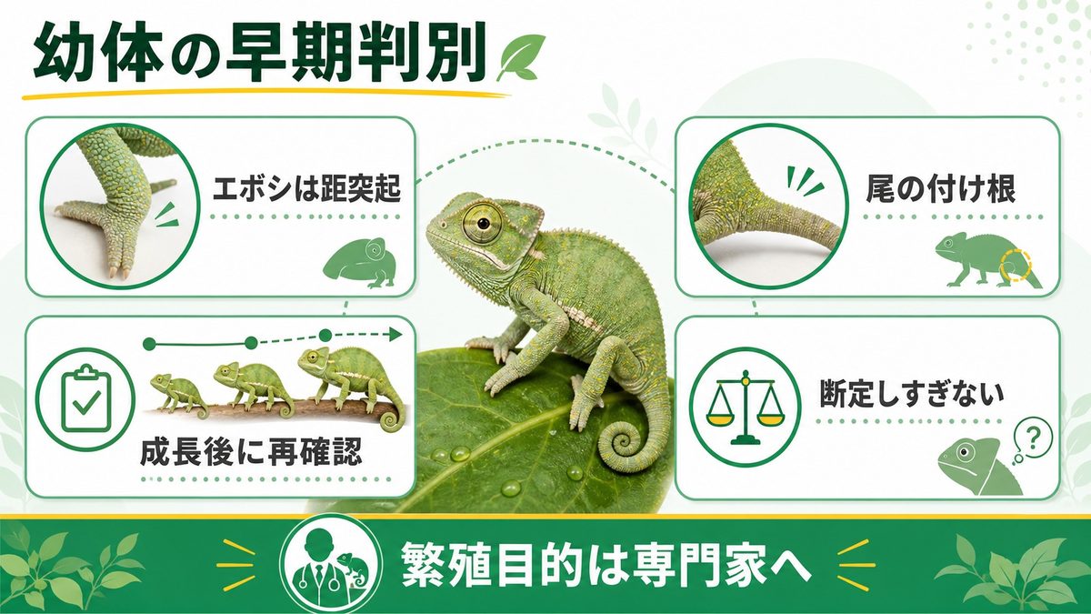 ベビー・幼体での早期性別判別の要点をまとめたカメレオン・爬虫類飼育インフォグラフィック