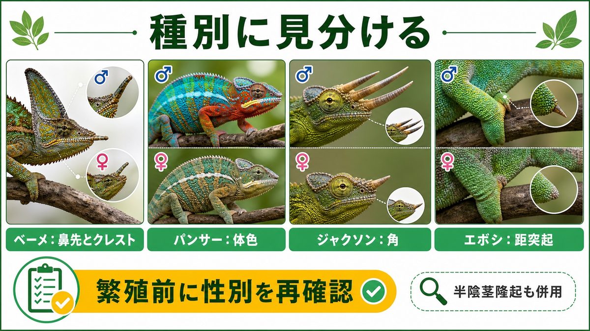 種別・品種別の性別判別ガイド|繁殖計画に向けての要点をまとめたカメレオン・爬虫類飼育インフォグラフィック