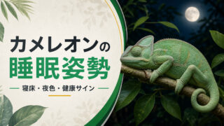 枝で眠るカメレオンと睡眠姿勢・寝床・夜色・健康サインを示すアイキャッチ