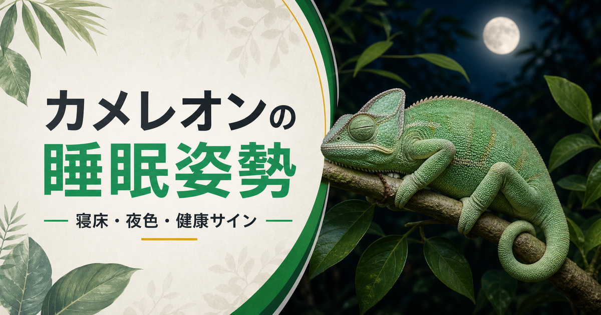 枝で眠るカメレオンと睡眠姿勢・寝床・夜色・健康サインを示すアイキャッチ