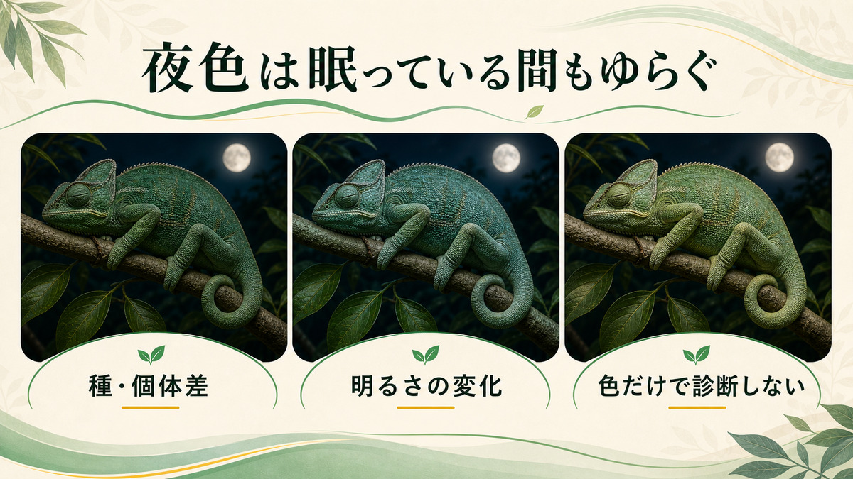 睡眠中のカメレオンの夜色が種・個体・時間で変化することを示す図