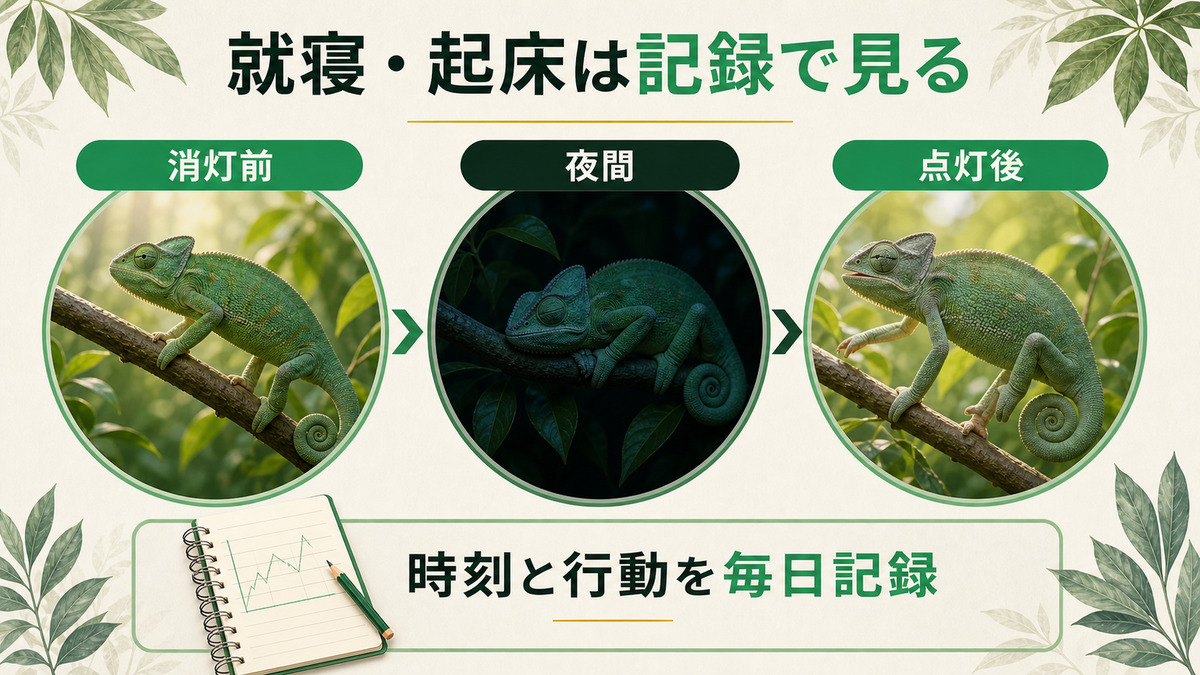 消灯前・夜間・点灯後のカメレオン行動を毎日記録する図