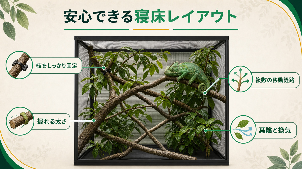 枝の固定・把握径・移動経路・葉陰と換気を整えたカメレオン寝床の図