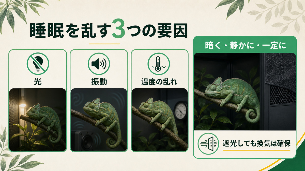カメレオンの睡眠を乱す光・振動・温度変動と換気を保つ遮光の図