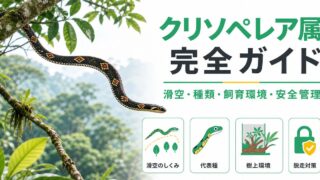 クリソペレア属（Chrysopelea）完全ガイド｜トビヘビの種類・特徴・樹上性飼育法と空中滑空の不思議を解説の要点を伝えるカメレオン・爬虫類記事アイキャッチ画像