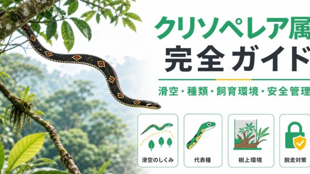 クリソペレア属（Chrysopelea）完全ガイド｜トビヘビの種類・特徴・樹上性飼育法と空中滑空の不思議を解説の要点を伝えるカメレオン・爬虫類記事アイキャッチ画像