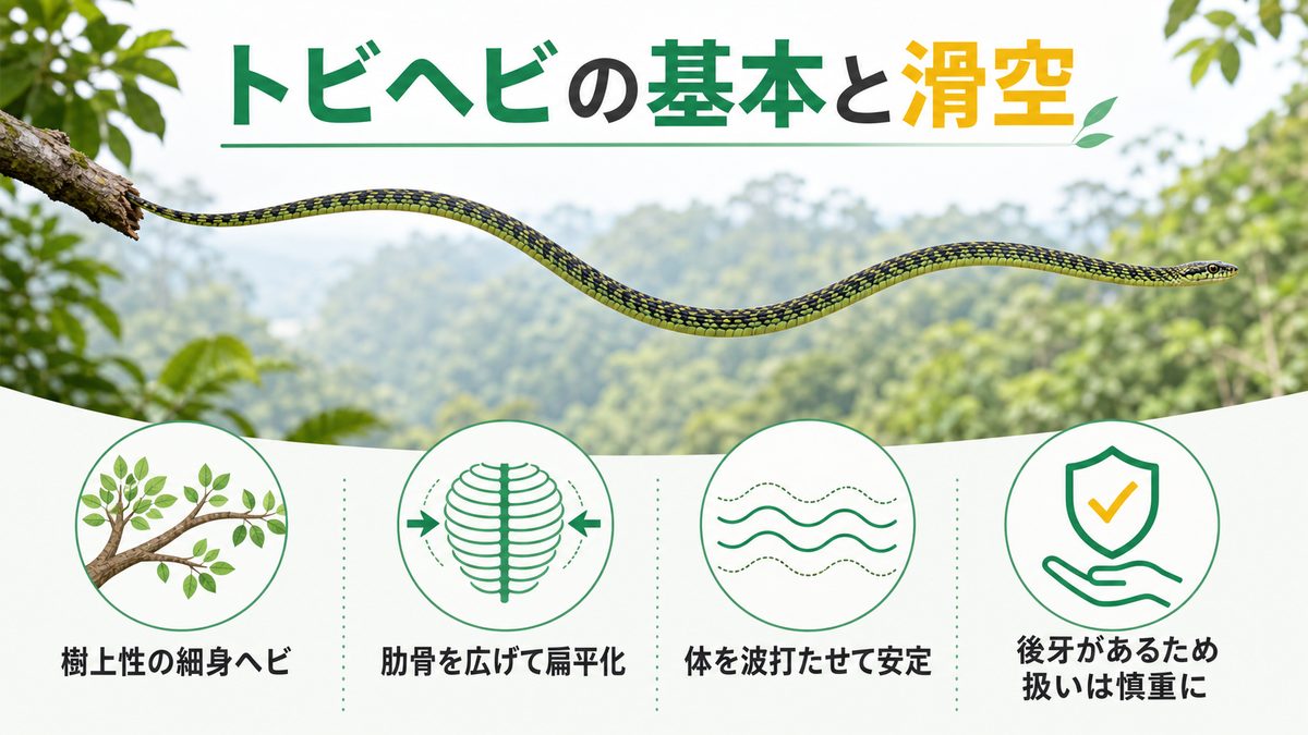 クリソペレア属の基本情報｜分類・分布・驚異の空中滑空メカニズムの要点をまとめたカメレオン・爬虫類飼育インフォグラフィック