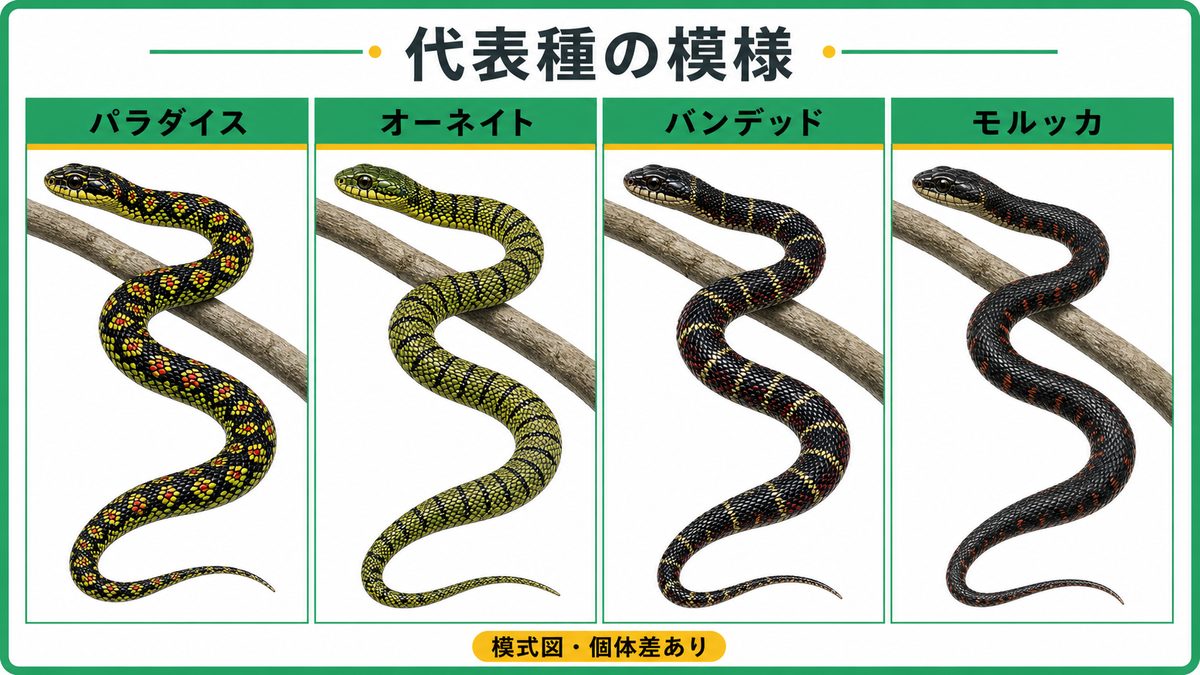 代表種の紹介と比較｜C. paradisi・C. ornata・C. pelias・C. rhodopleuronの要点をまとめたカメレオン・爬虫類飼育インフォグラフィック