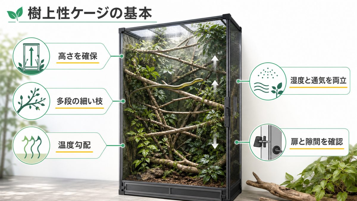 飼育環境の設定｜縦型大型メッシュケージ・温湿度管理・多段止まり木の要点をまとめたカメレオン・爬虫類飼育インフォグラフィック