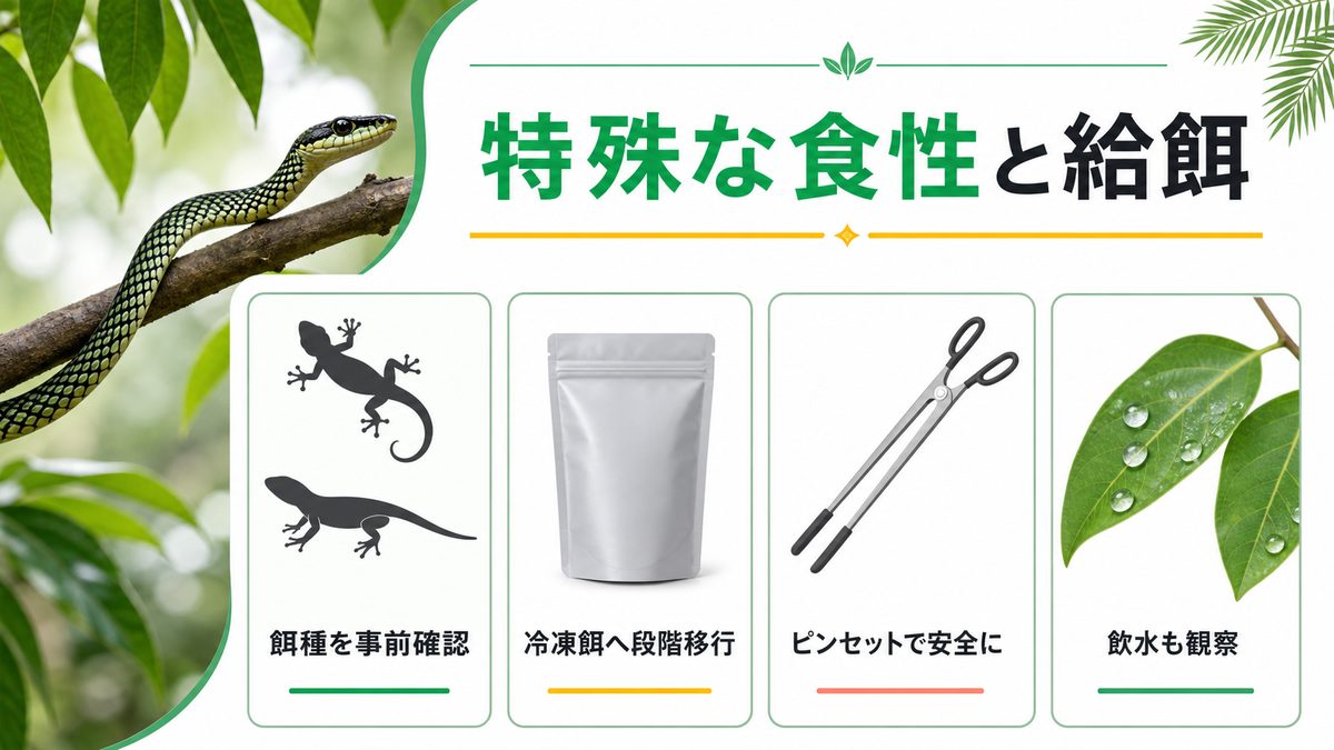 給餌と栄養管理｜主食はヤモリ・小型トカゲ、冷凍餌への馴致ステップの要点をまとめたカメレオン・爬虫類飼育インフォグラフィック