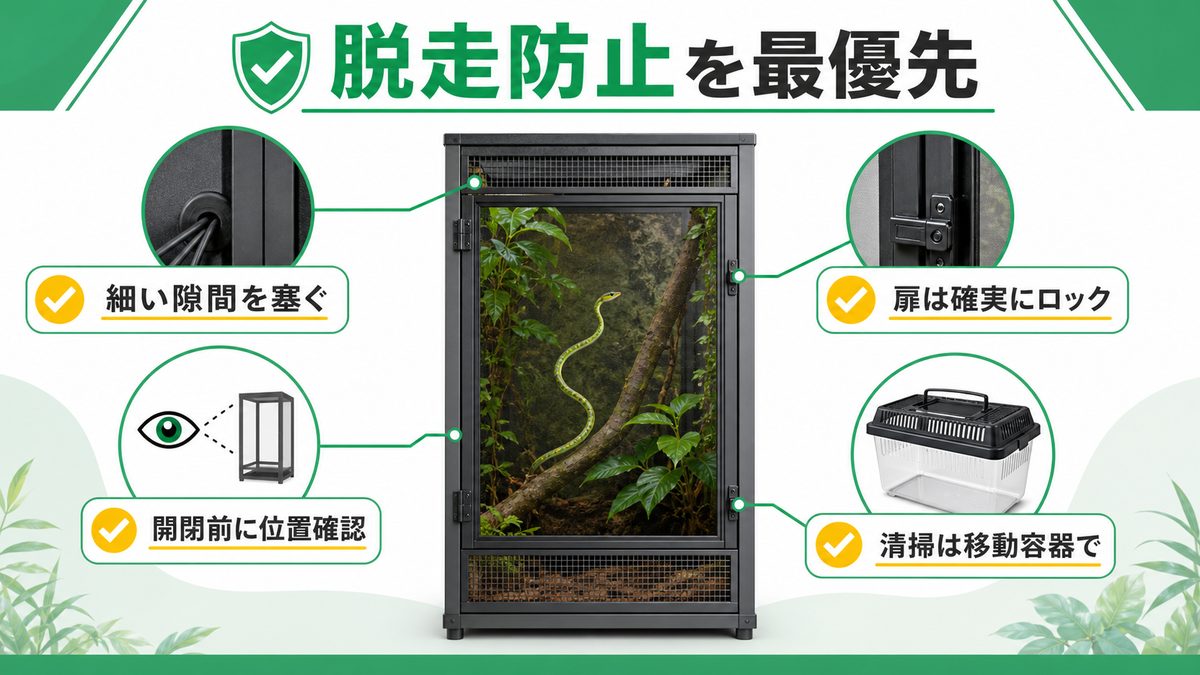 脱走防止と安全管理｜細い体特有のリスクと対策の要点をまとめたカメレオン・爬虫類飼育インフォグラフィック